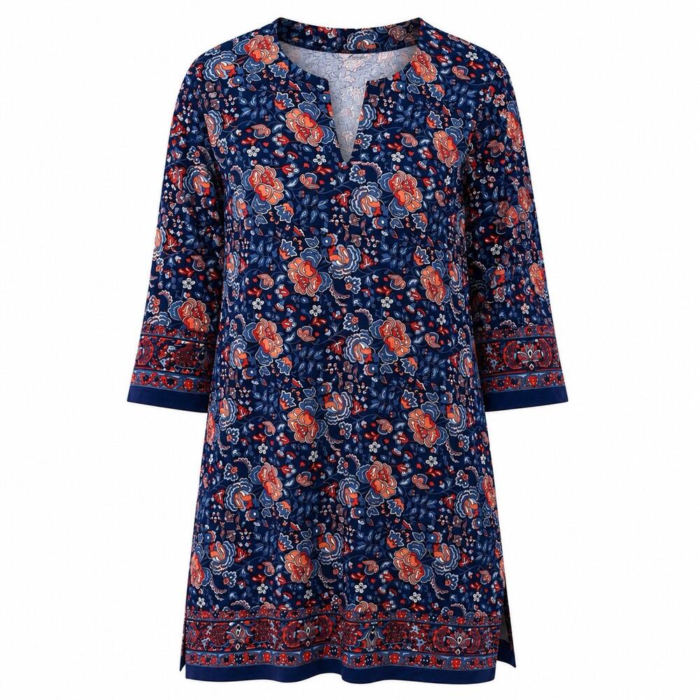 Coolibar Oceanside Dress Size L Blue Pink Floral 3/4 Sleeve UPF 50+ Tunic Shift